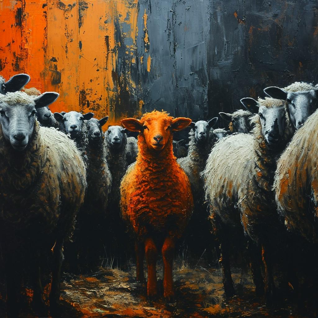 Un troupeau de moutons classiques avec un mouton orange audacieux au centre symbolisant l'approche non-conformiste et créative de Bixel Studio dans le web et le branding.