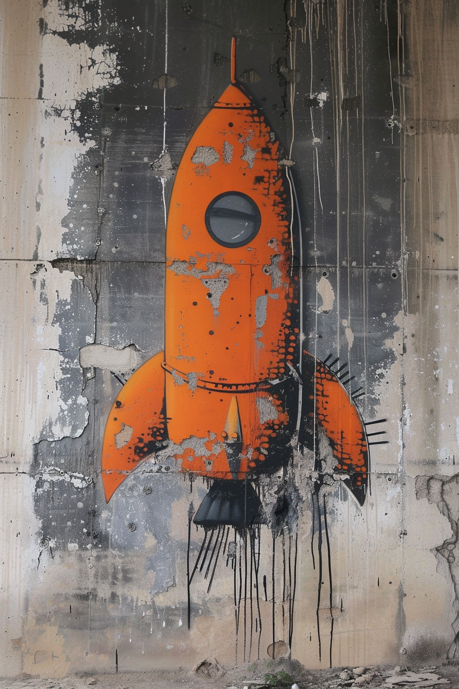 Rocket orange de Bixel Studio en mode street art, incarnant nos solutions web créatives et personnalisées.
